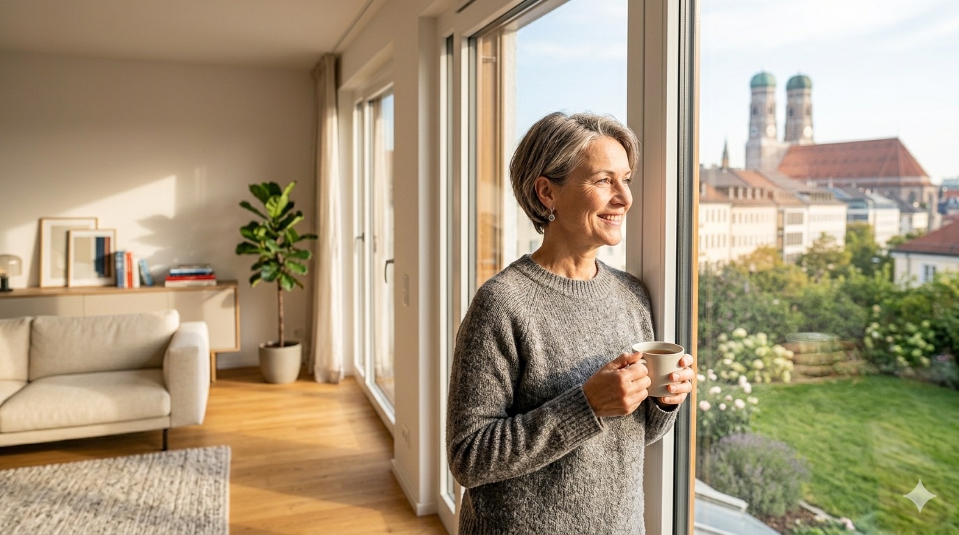 Zufriedene Kundin am strahlend sauberen Fenster mit Blick auf die Münchner Frauenkirche