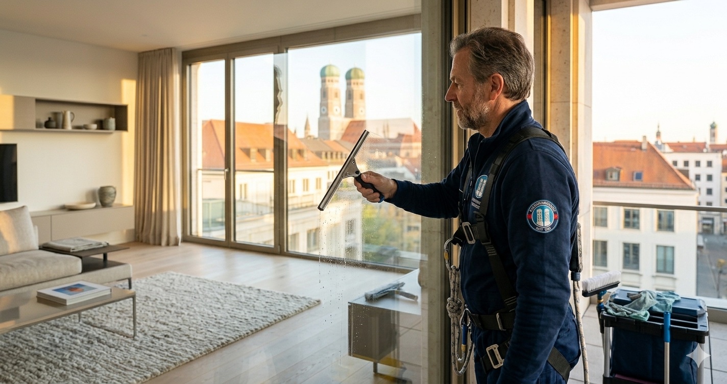 Professionelle Fensterreinigung in einer Münchner Wohnung – Blick auf die Frauenkirche